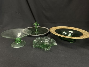 Lot of 4 Green Handblown & Depression UraniumGlass