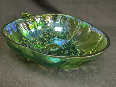 Carnival Glass Iridescent Green Grape Cluster Bowl