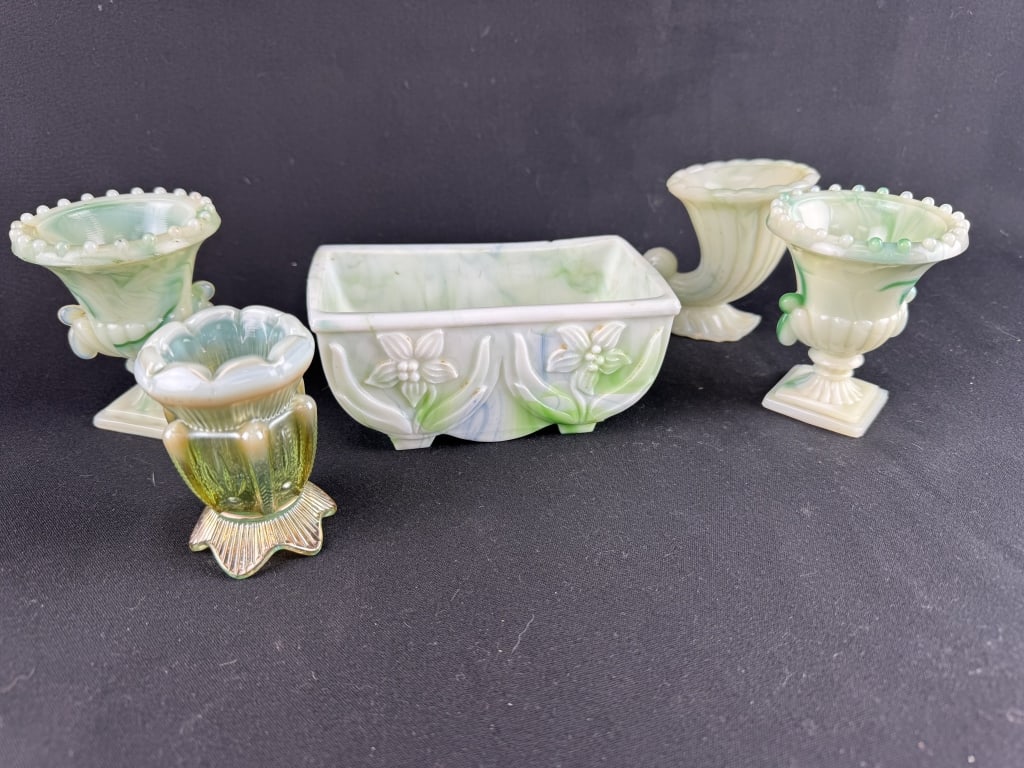 Lot of 5 1930 Agate Green Glass Toothpick Holders&: Lot of five vintage 1930s green-white swirl slag glass pieces. Includes: 3 Akro Agate pedestal toothpick holders, 3"; 1 iridescent Lavay carnival aqua opal glass pedestal toothpick holder, 2-3/4"; & 1