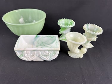 5 pcs Vintage Agate Green Glass & Jadeite