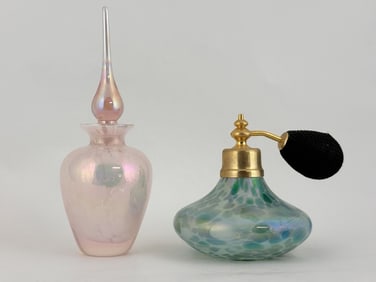 2 Art Glass Perfume Bottles Opalescent Pink / Teal