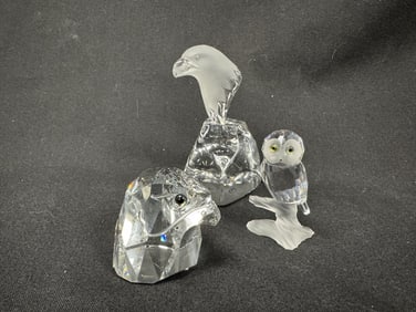 3 Swarovski Crystal Birds: Owl, Falcon, & Eagle