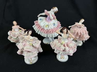 5 Dancing Dresden Pink &White Porcelain Ballerinas