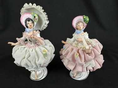 2 Dresden Porcelain Promenading Ladies Figurines
