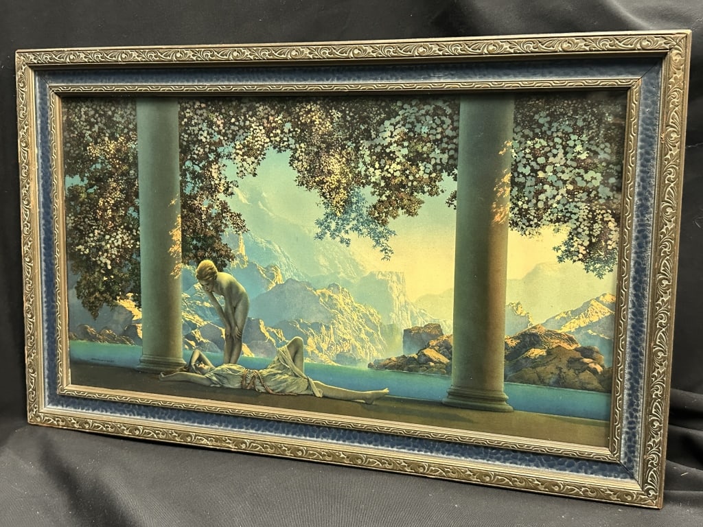 Maxfield Parrish "Daybreak" Framed Litho: Wonderfully vibrant unfaded colored Maxfield Parrish (American 1870 - 1966) "Daybreak" Lithograph featuring a reclined figure being woken by a standing nude figure, Grecian style. c1920's. House of Ar