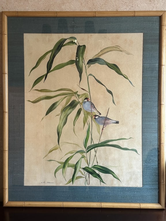 Fabulous Lee Adams Watercolor Finches in Bamboo: Fabulous Original Watercolor on ragboard, "Java Finch in Bamboo" by artist Lee Adams (American, 1922 - 1971). depicting finches on bamboo, delicate and wonderfully detailed. Certificate of Authenticit