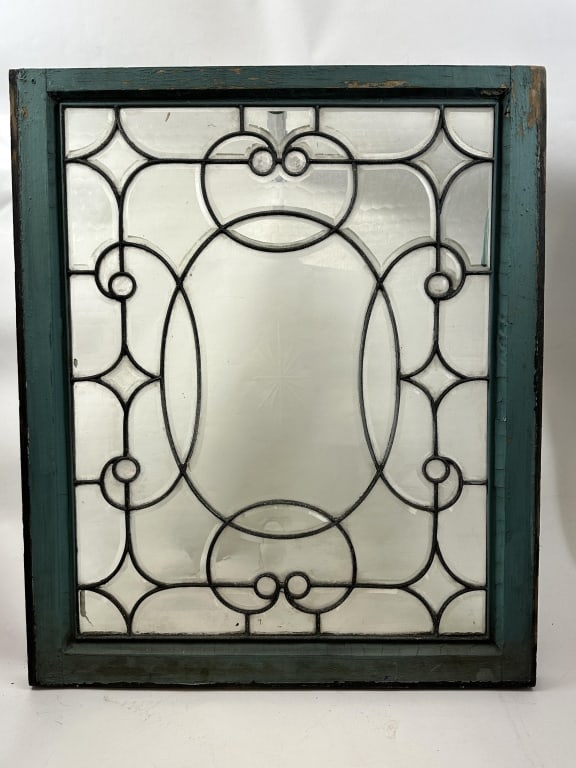 Leaded Beveled Antique Clear Glass Window: Farmhouse antique architectural salvage leaded beveled clear scallop textured glass window with center oval medallion scroll surround in wood frame. Measures: Frame: 33-1/2" x 28" Site: 28-1/2" x 22-1