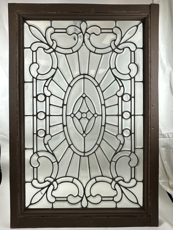 Impressive Antique Beveled Leaded ClearGlassWindow: Impressive antique architectural salvage leaded beveled prismatic clear glass window in wood frame. Measures: Frame: 35-1/2" x 53" Site: 29" x 45".