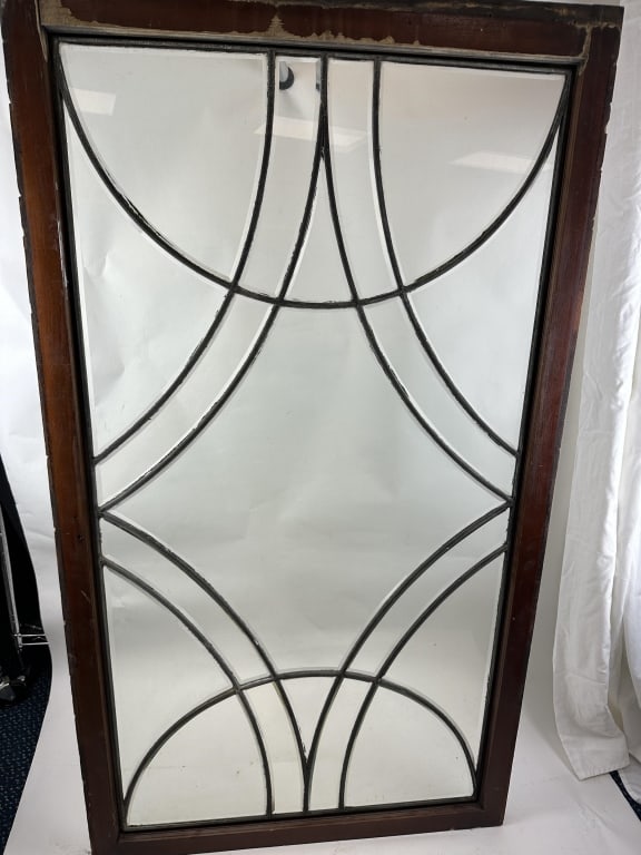 Large Antique Leaded Glass Rectangular Window: Large Antique architectural salvage leaded glass clear beveled window center diamond shape medallion in wood frame. Measures: Frame: 61" x 34" Site: 54-1/2" x 29"