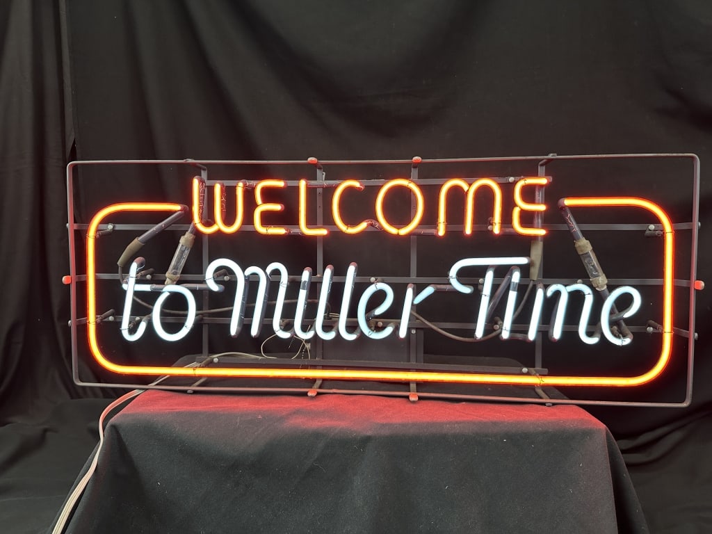 Neon Sign "Welcome to Miller Time" 2 Color: Two Color VIntage Neon Sign Miller Brewing Beer "Welcome to Miller Time". Working vintage neon sign. Breweriana / Neon collectors. Measures: 37" x 14-1/2" x 6-1/2".