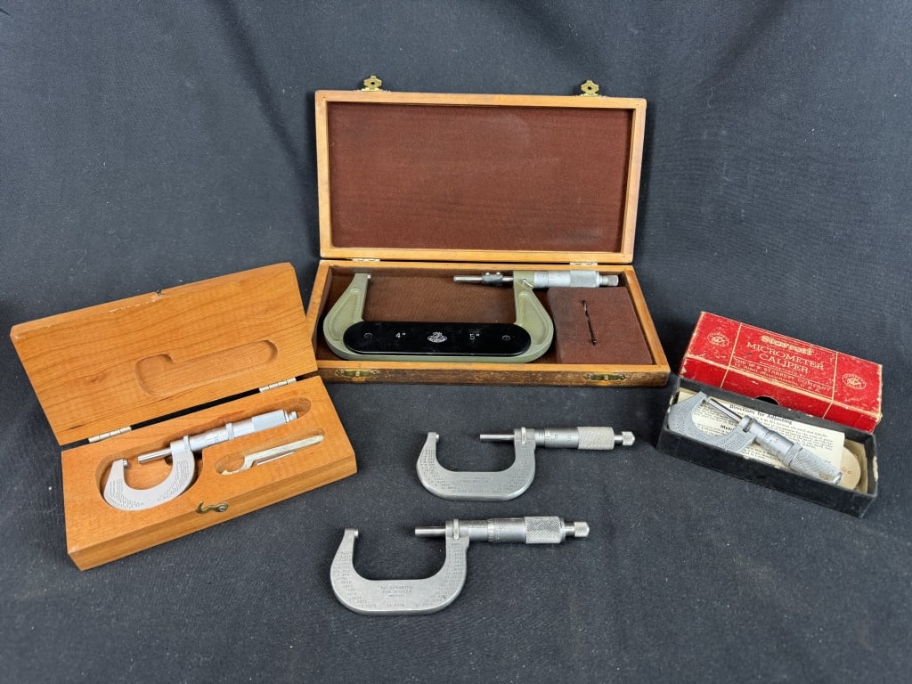 Lot of Machinist Caliper Tools Starrett, Scherr &: Lot of five vintage caliper tools, three in original boxes. 3 Starrett Micrometer calipers, Scherr Tumico caliper in wood box, & Etalon Swiss caliper in wood box. Starrett Machinist precise measuremen
