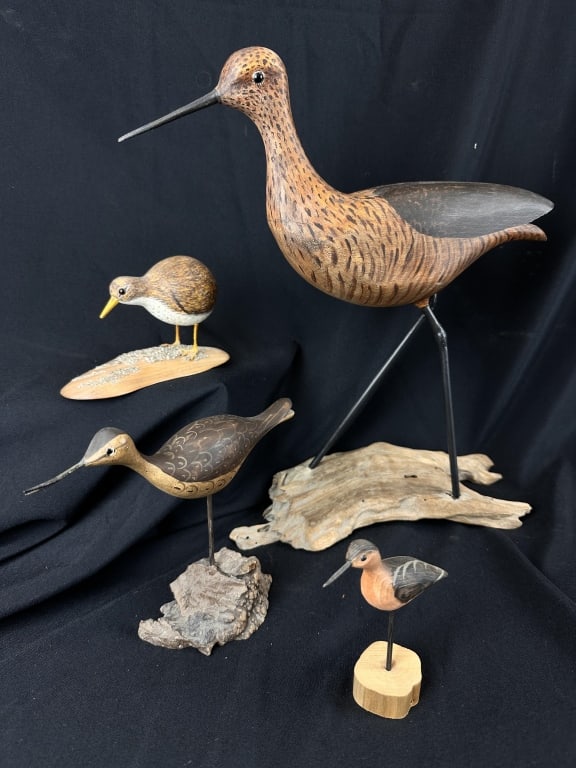 4 HandCarved Wood Shore Birds Signed: Lot of four hand carved and painted shore birds made by different artists, all signed on base. Made of different found materials like driftwood and dried gourd, each bird is sturdy but delicate with a