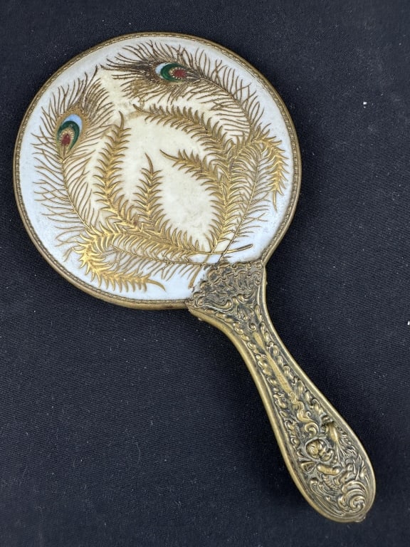 Art Nouveau Brass Hand Mirror Handpainted Design (1 of 11)