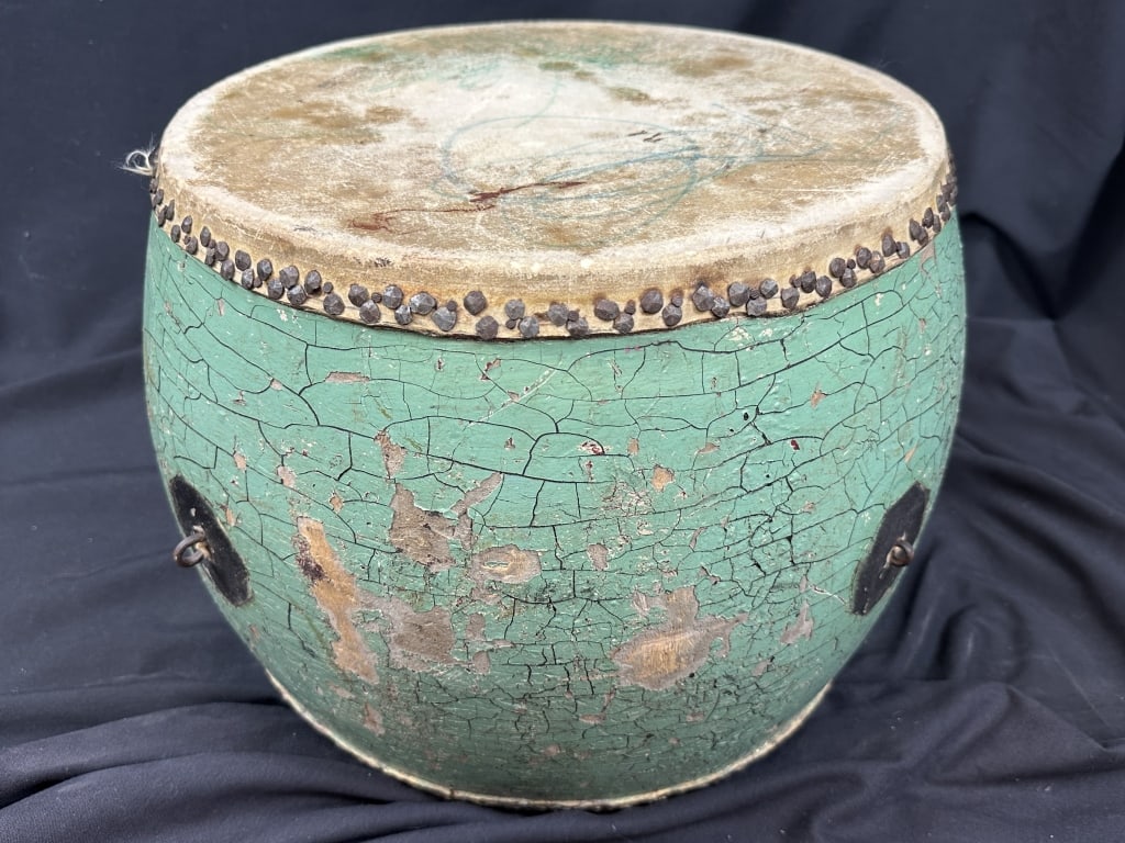 Vintage Big Band "China Tom" 14" Tack-Head Drum: Vintage "China Tom" Drum. Turquoise painted shell w/ "Made in China" stamped on tacked drumheads with 4 metal mounting rings. Commonly used on early drum sets during the Big Band era of Jazz. 11" tall
