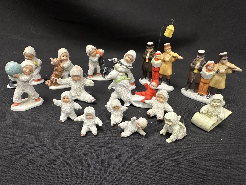 German Snowbaby Bisque Doll Figurines Antique Lot: Lot of Antique German Snowbaby Bisque Doll Figures. 15+ Snowbaby figures w/ Germany ink stamp, including 1 figure on metal sled w/ D56 stamp. Various sizes: ~1.25" baby figures - 3.25" family figures.