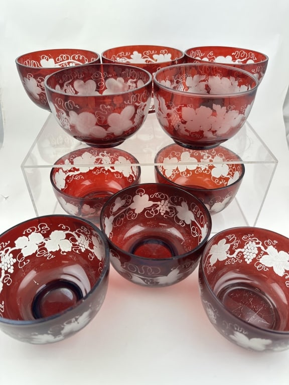 Bohemian Ruby Red Cut to Clear 12 Dessert Bowls (1 of 12)