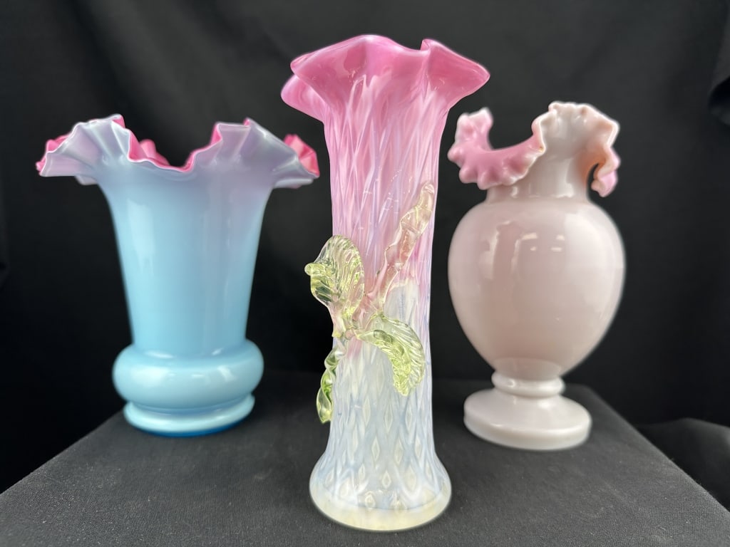 3 Handblown Ruffled Pink Cased Glass Vases (1 of 11)