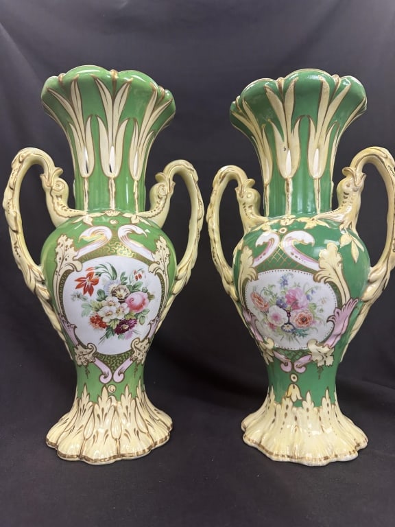 Pr Dbl Handled UrnRococo GreenGilt Porcelain Vases (1 of 18)