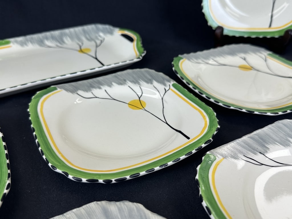 Burleigh Ware "Dawn" Handpainted Tray & 6 Plates: An antique Art Deco style Burleigh Ware serving set, with a total of 7 pieces featuring the hand-painted "Dawn" pattern. The 6 square plates have "Hand Painted Dawn" written in a gold color above the
