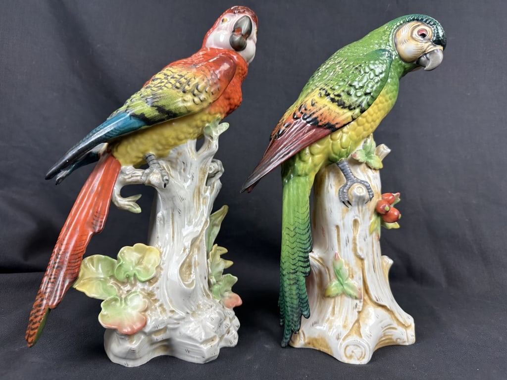 Fine Porcelain Pair of Perched Parrot Figurines (1 of 14)