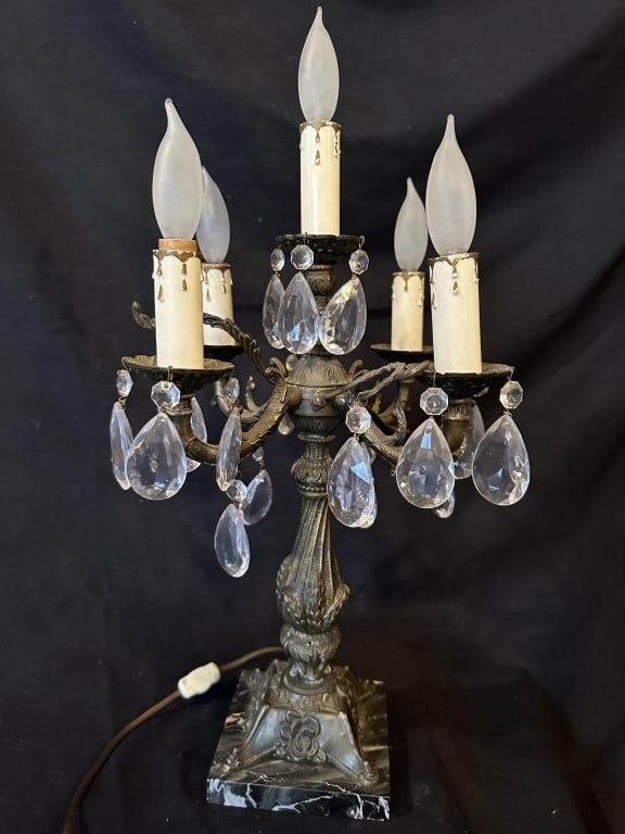 Crystal & Marble 5-Light Candelabra Accent Lamp: 5-Light Crystal Candelabra Table Accent Lamp on a Marble Base, featuring floral-patterned cast metal adorned with crystals on each arm. Measures: 21" H x 12-1/2" W.