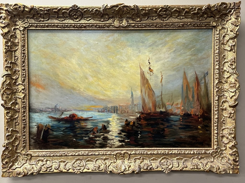 Felix Ziem Signed Oil on Canvas Venetian Seascape: An antique oil on board painting depicting a luminous Venice seascape, signed “Ziem” at lower right. The composition features gondolas and sailing vessels across shimmering waters, with the sk