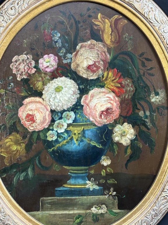 Oil Painting on Board Floral Still Life Oval Gilt: Original antique oil on board floral still life painting depicting a bouquet of flowers arranged in a pedestal vase, set against a dark background. The composition is rendered in a traditional Europea