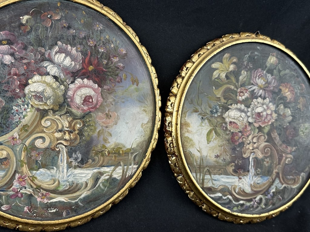 Antique Pair Floral Round Still Life Oil Paintings (1 of 18)