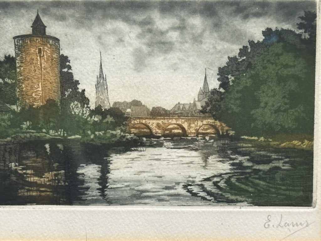 E. Law Signed Antique Color Etching European Canal (1 of 9)