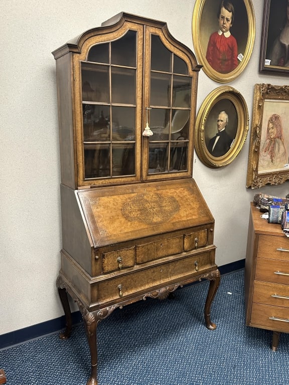 Burr Walnut Marquetry Slat Front Secretary Desk: An impressive antique bureau secretary desk featuring an ornate inlaid burr walnut marquetry design on the slanted front lid. The top has a display cabinet with two locking glass doors, contoured to m