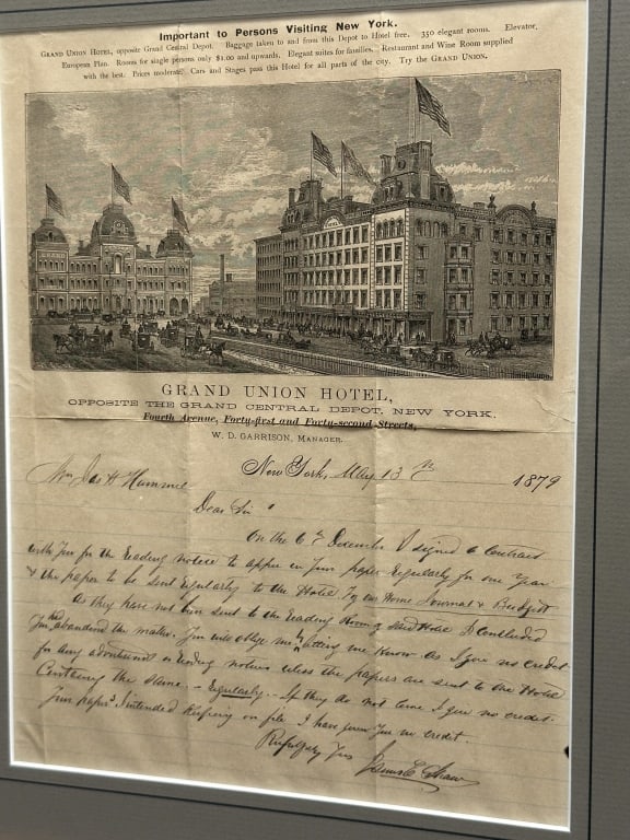 Grand Union Hotel, NYC 1879 Framed Correspondence (1 of 10)