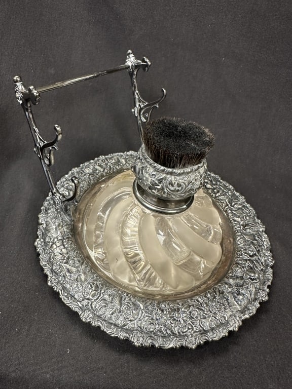 Simpson, Hall, Miller & Co Crystal Inkwell DeskSet: An exceptional antique desk set by Simpson, Hall, Miller & Co., featuring a large crystal inkwell mounted within an ornate quadruple silver-plated stand, exemplifying the refined craftsmanship of the