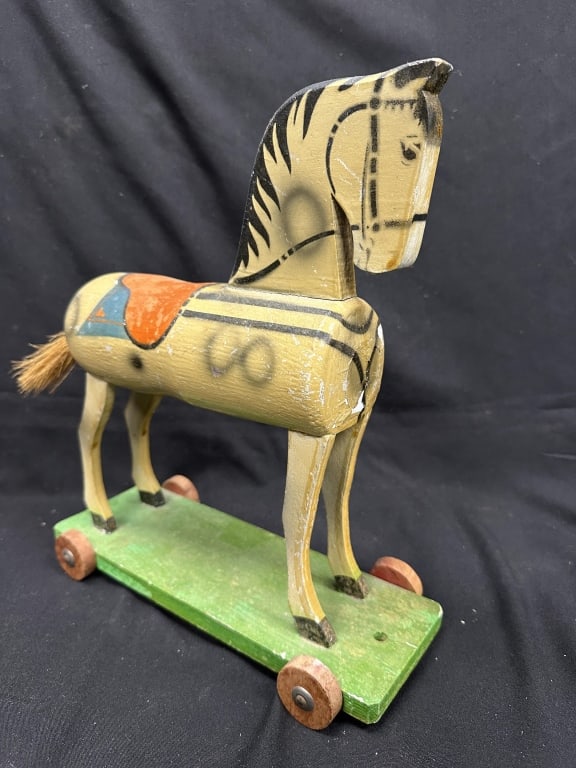 Vintage German Painted Wooden Wheel Horse Pull Toy (1 of 10)