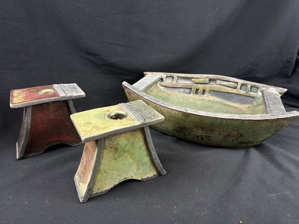 Raku Pottery Center Bowl Trencher & 2 Candlesticks (1 of 20)