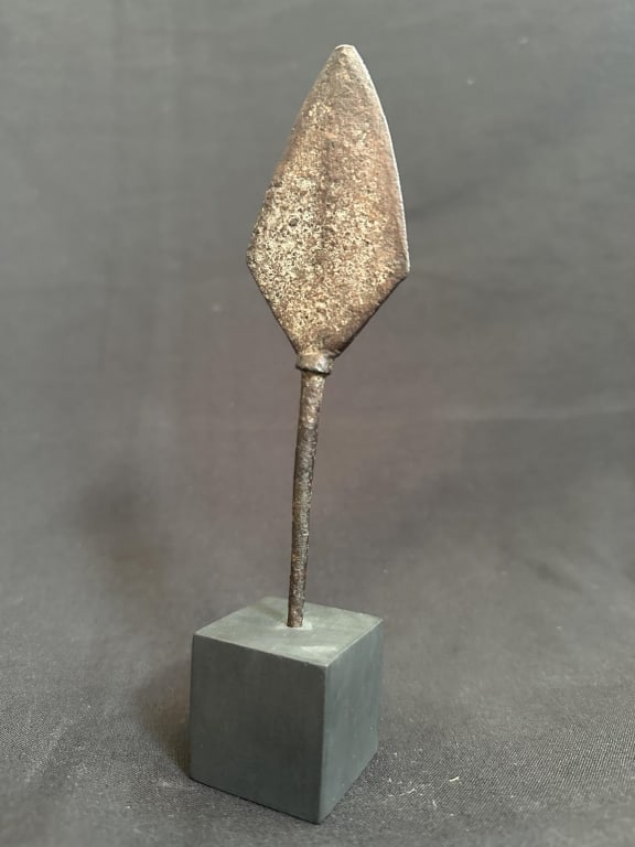 Seljuk-Style Iron Spear Point, Urfa Turkey: Forged iron spear point reportedly found in Urfa, Turkey, near the Syrian border. Believed to date to circa 1100 AD and associated with the Seljuk period, with elongated leaf-form blade and central ri