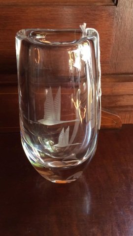 Orrefors Signed Etched Glass Vase: Orrefors Signed Etched Glass Vase featuring flying geese design. Remains in very good original condition and measures 7 3/4" tall.