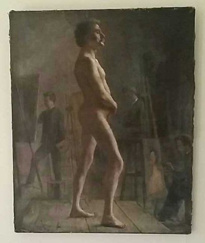 Antique Oil Painting on Canvas Nude Male: Antique Oil Painting on Canvas Nude Male Artist unknown, in the manner of Thomas Eakins, it remains in good original condition, unframed with overall crazing and scattered in painting. It measures 28