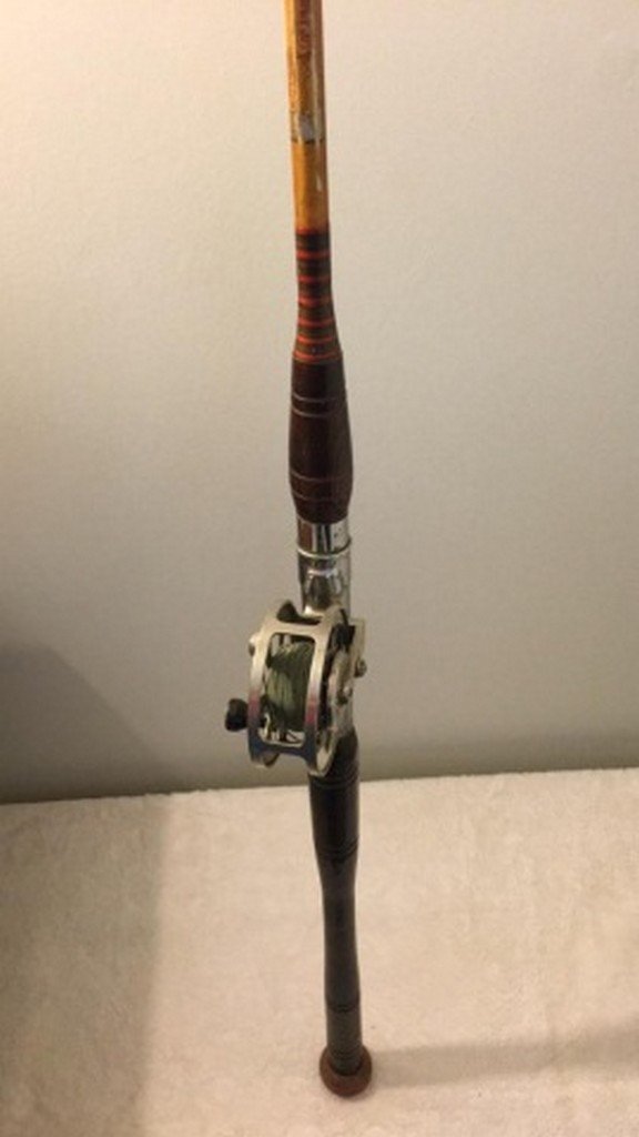 Antique 70" Saltwater Rod and Reel: Antique 70" Saltwater Rod and Reel, one piece, bamboo, remaining in fair condition