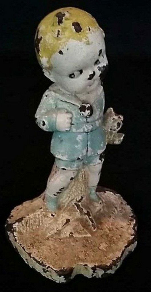 Antique Painted Iron Doorstop Boy w/ Teddy Bear (1 of 4)