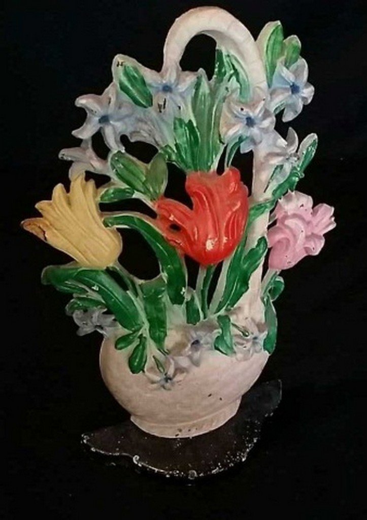 Vintage Painted Iron Doorstop Basket of Flowers: Vintage Painted Iron Doorstop Basket of Flowers Remains in good original condition with scattered paint loss. Measures 10 3/4" tall.