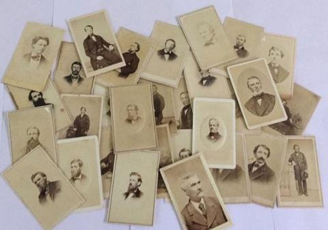 Lot of 27+ Antique Mostly CDV Photographs of Men: Lot of 27+ Antique Mostly CDV Photographs of Men, including full length and portrait images. This is a wonderful group of Antique Photographs showing hair and clothing styles from the mid 19th century