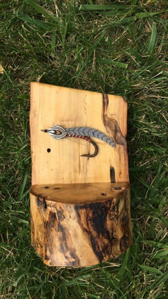 Painted Wood Fishing Lure Sculpture Signed "Marts": Painted Wood Fishing Lure Sculpture Signed "Marts", mounted to a section of log and dated "97" (1997), remains in excellent original condition, 17 3/4" tall