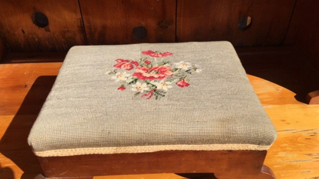 Antique Cherry Footstool w/Needlework Seat (1 of 5)