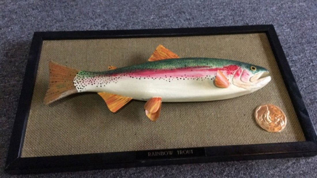 Richard Connell Signed Fish Sculpture: Richard Connell Signed Fish Sculpture. Hand painted limited edition, carved wood with seal, numbered 5/250. Titled, "Rainbow Trout. "Remains in very good original condition. Measures 18" x 10".