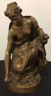 "H Chapu" Signed Antique French Bronze: "H Chapu" Signed Antique French Bronze. Henri Michel Antoine Chapu (b. 1833- d. 1891). Titled "Flora." This is a Sculpture of a scantly clad woman gathering flowers. Remains in very good original cond