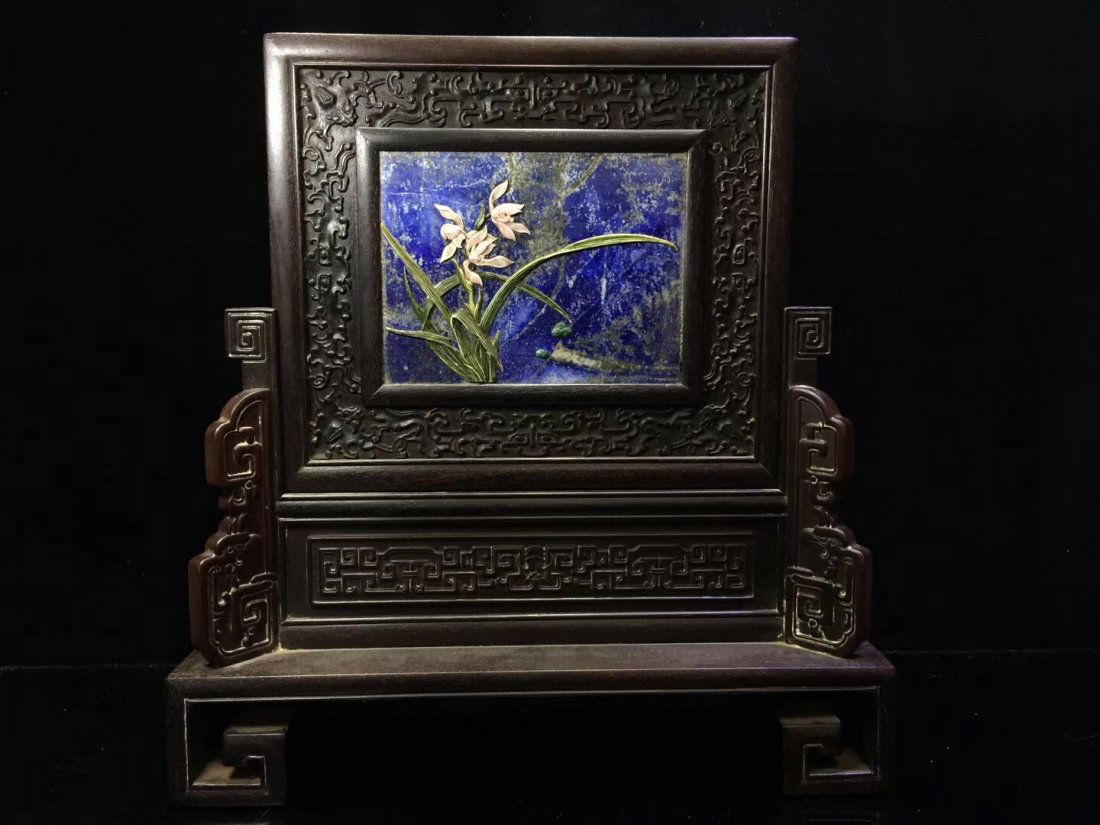 Blue Stone Carving in Zitan Wood Frame (1 of 9)