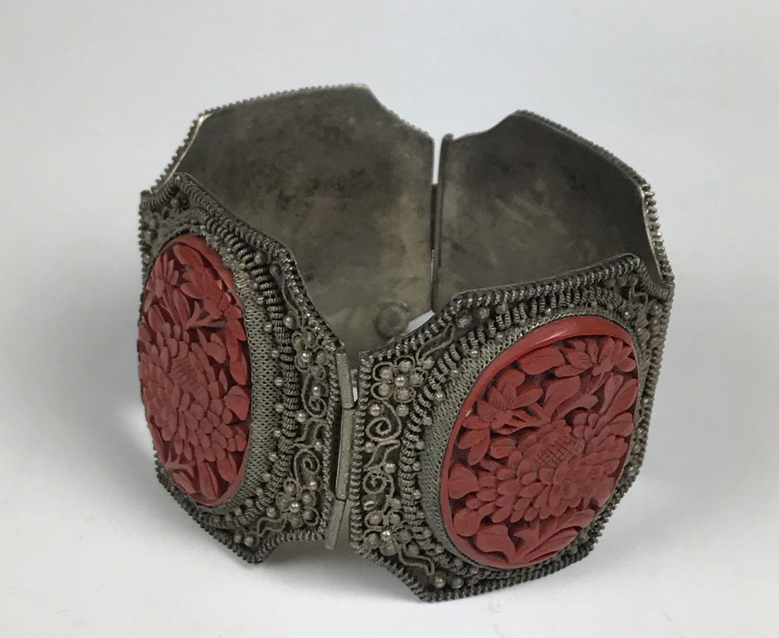 Carved Cinnabar Lacquer Silver Bracelets (1 of 4)
