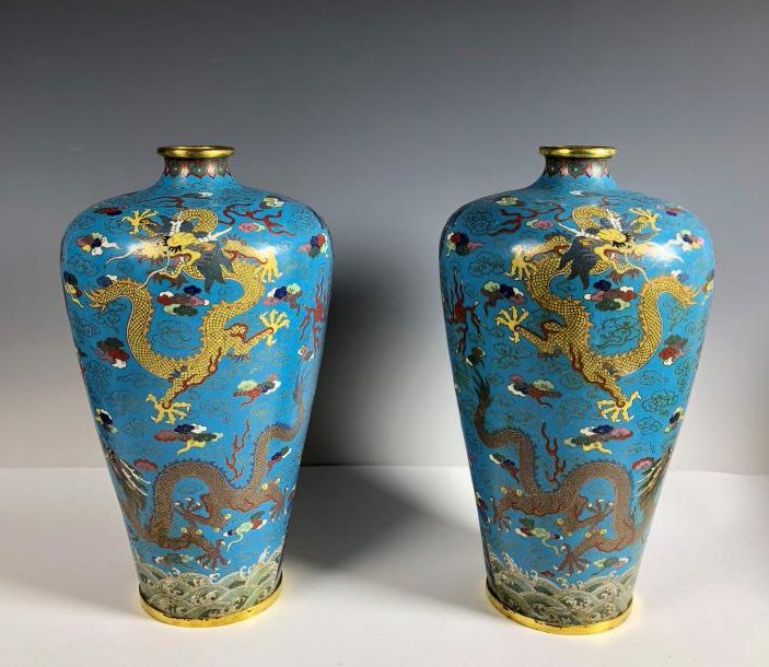 Pair of Cloisonne Enamel and Gilt Plum Dragon Vases (1 of 14)