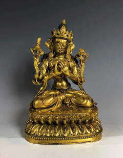 Gilt Bronze Figure of Tara: Gilt bronze Figure of deity Tara Seated in double lotus position on double lotus base Dimension: