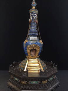 Lapis Stone Stupa with Cloisonne Enamel and Gilt: Lapis stone stupa adorned with Cloisonne enamel and gilt Zitan wood base Dimension: 70cm H x 32cm W